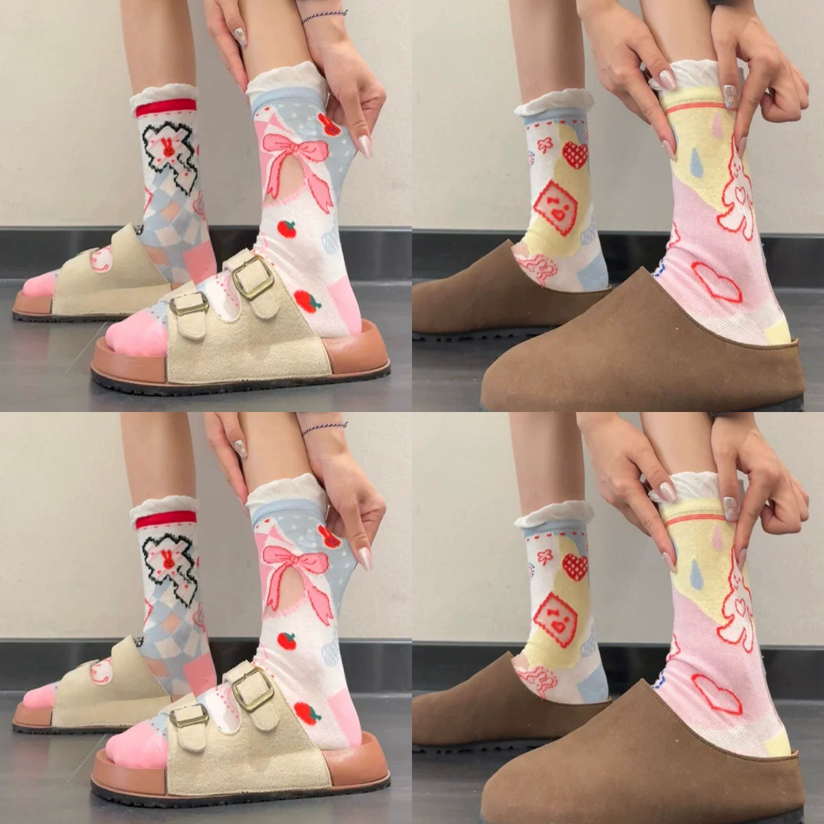 Cute Patterned Crew Socks for Women - Girly Bow Heart Bunny Designs