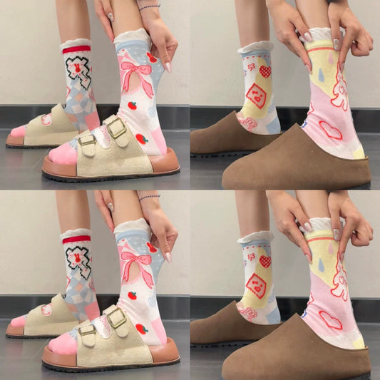 Cute Patterned Crew Socks for Women - Girly Bow Heart Bunny Designs