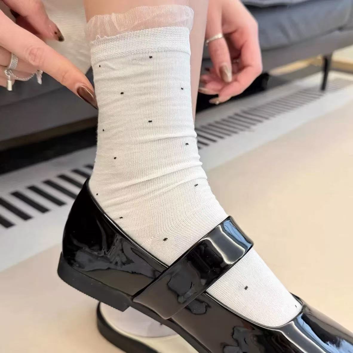 Sheer Polka Dot Lace Edge Socks Ballet Style Breathable