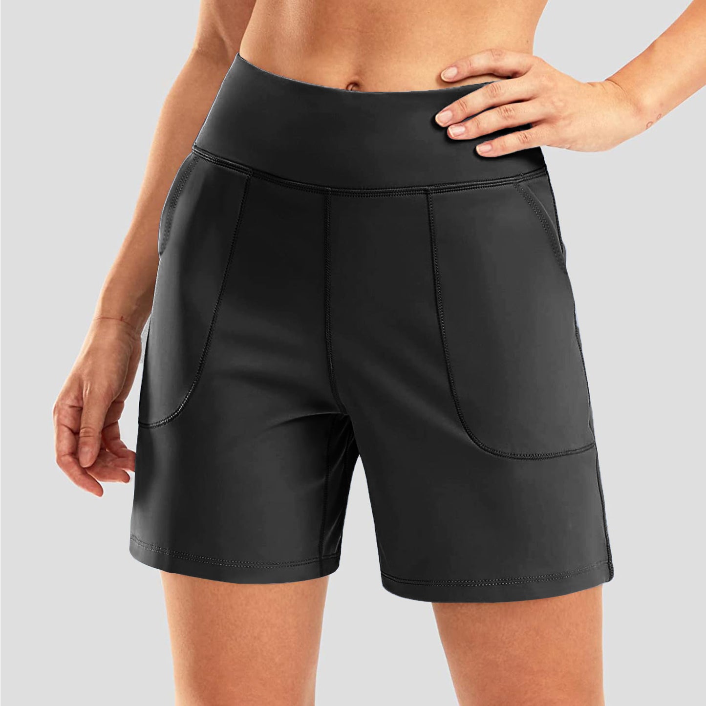 Patch Pocket Capri Shorts High-Waisted Yoga Shorts
