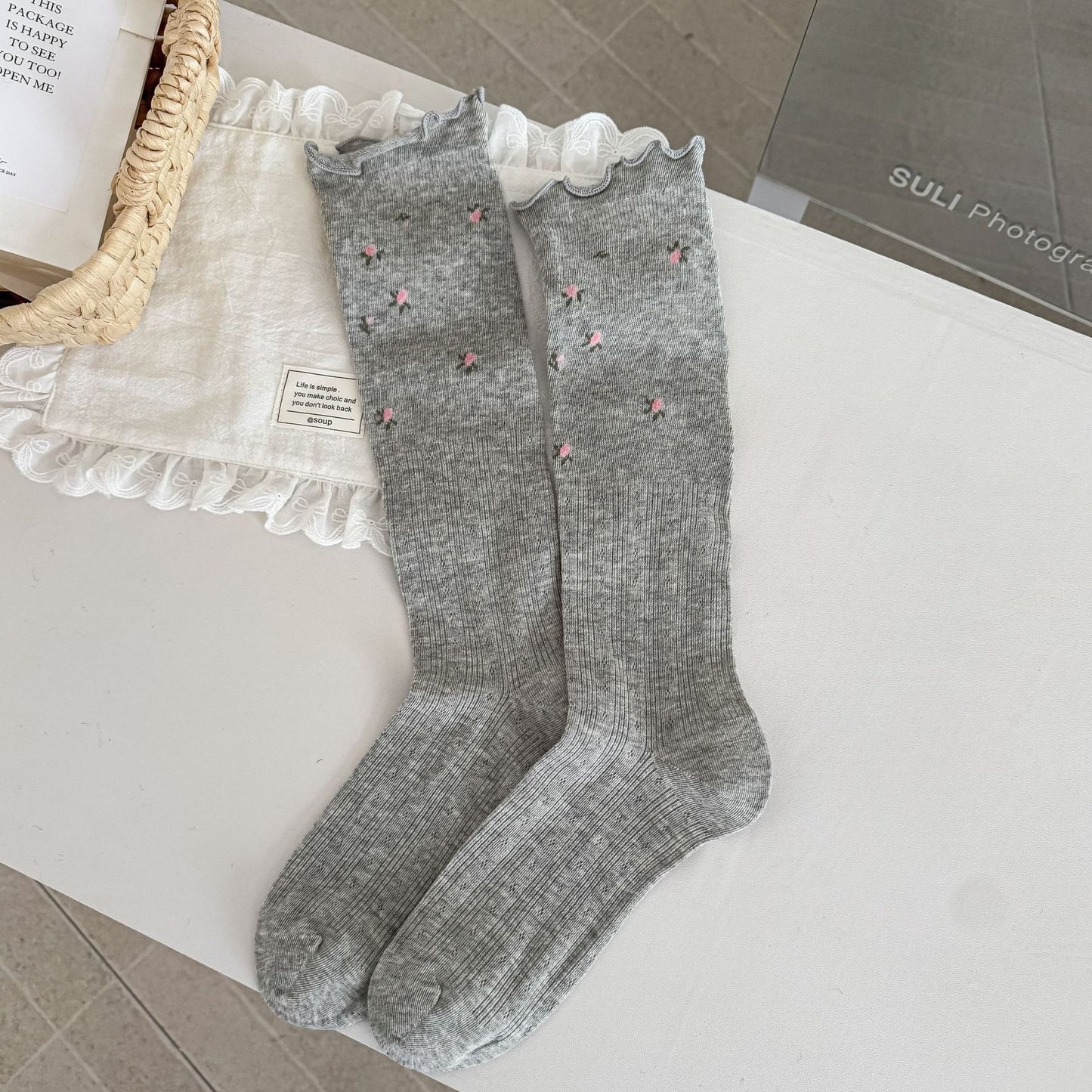 Lace Trim Floral Mesh Knee High Socks for Women