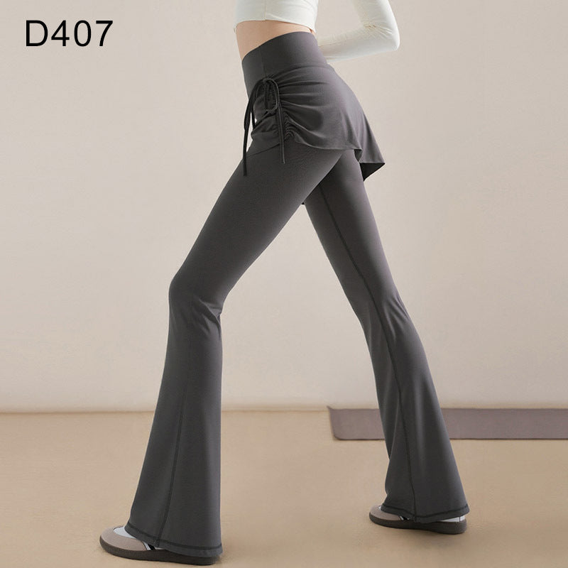 High-Waist Faux Two-Piece Flare Yoga Pants Drawstring Skirt