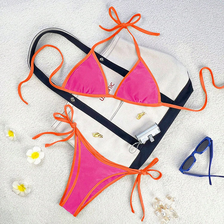 Colourful Tie-Strap Bikini Set with Bold Contrast Piping