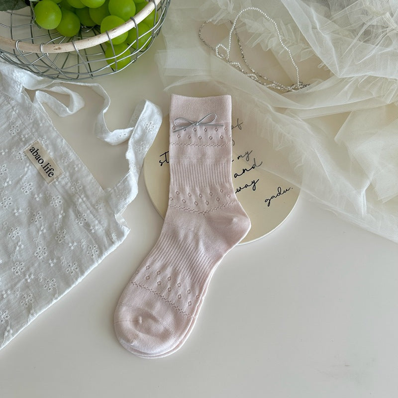 Women's Bow Mesh Mid Calf Socks Cute Japanese Style Summer Ankle Socks