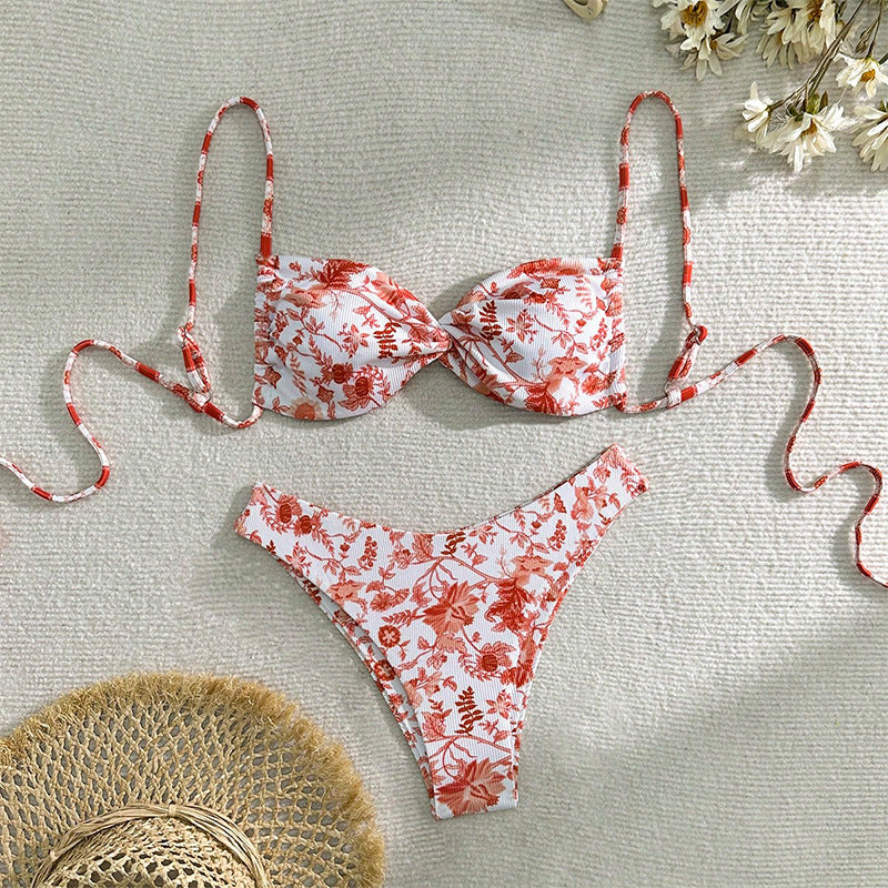 Floral Tie-Front Bikini Set - High-End Beach Swimwear