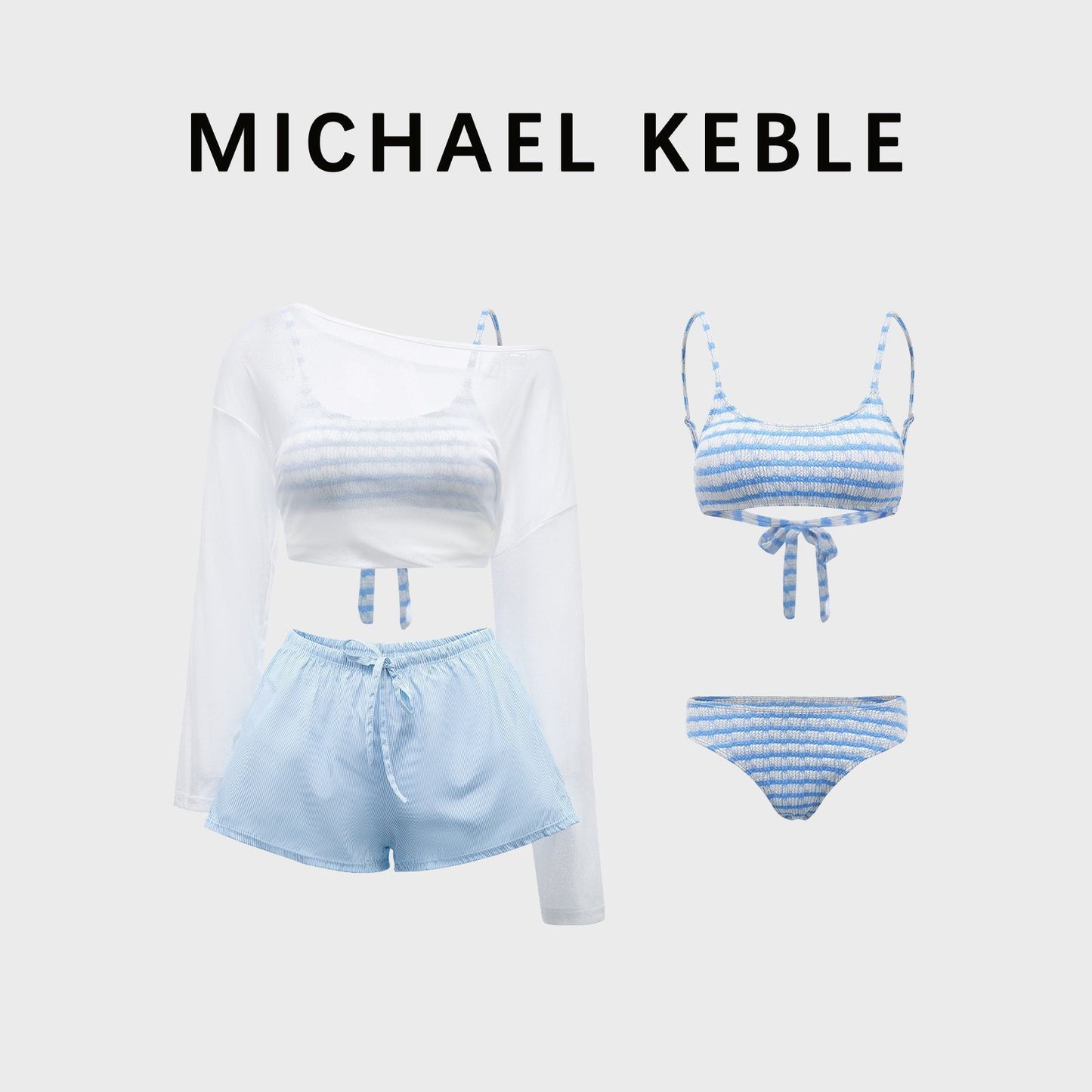 Striped Bikini Set with Cover-Up Shorts - Vacation Beachwear