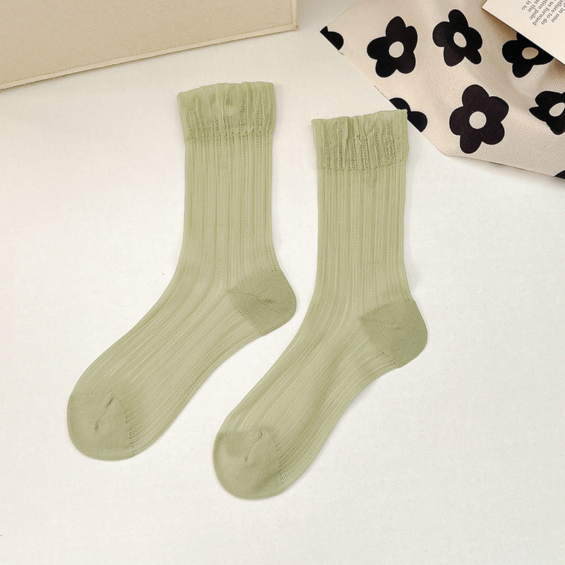 Breathable Mid Calf Sheer Socks for Women - Summer Thin Ribbed Crew Socks