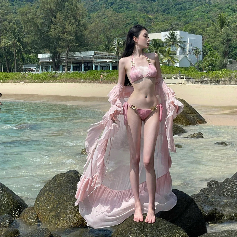 pink bikini set with sheer cover-up beach resort
