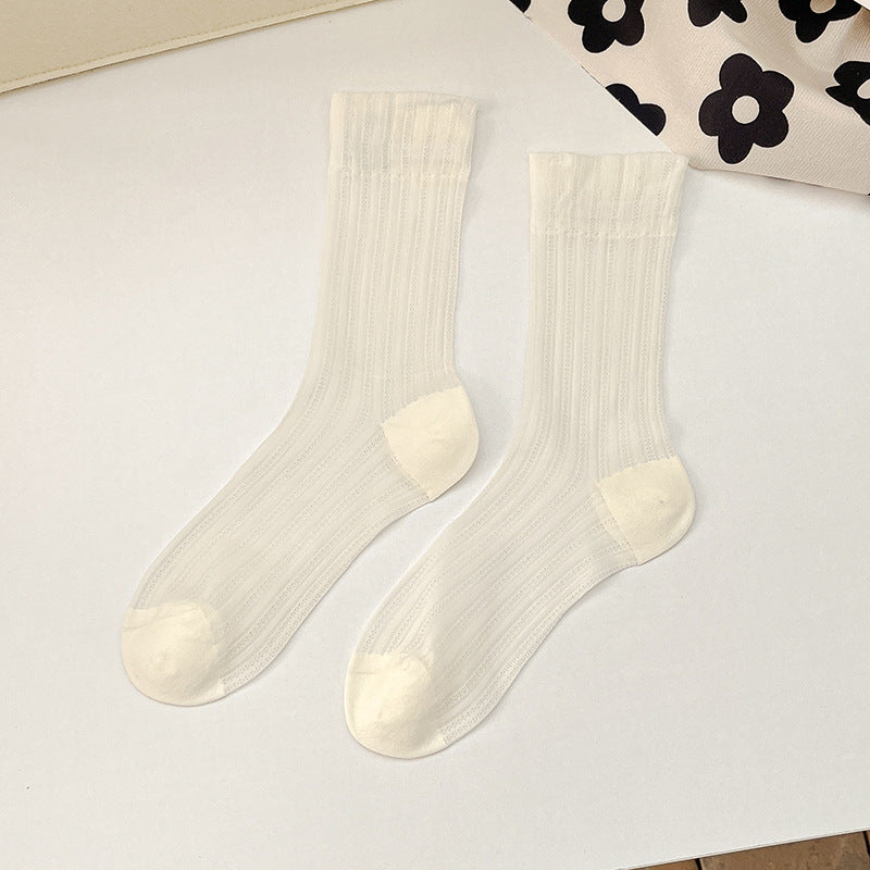 Breathable Mid Calf Sheer Socks for Women - Summer Thin Ribbed Crew Socks
