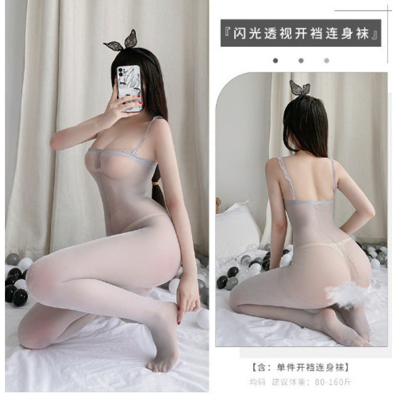 Transparent Fishnet Open Crotch Lingerie Set with Matching Stockings