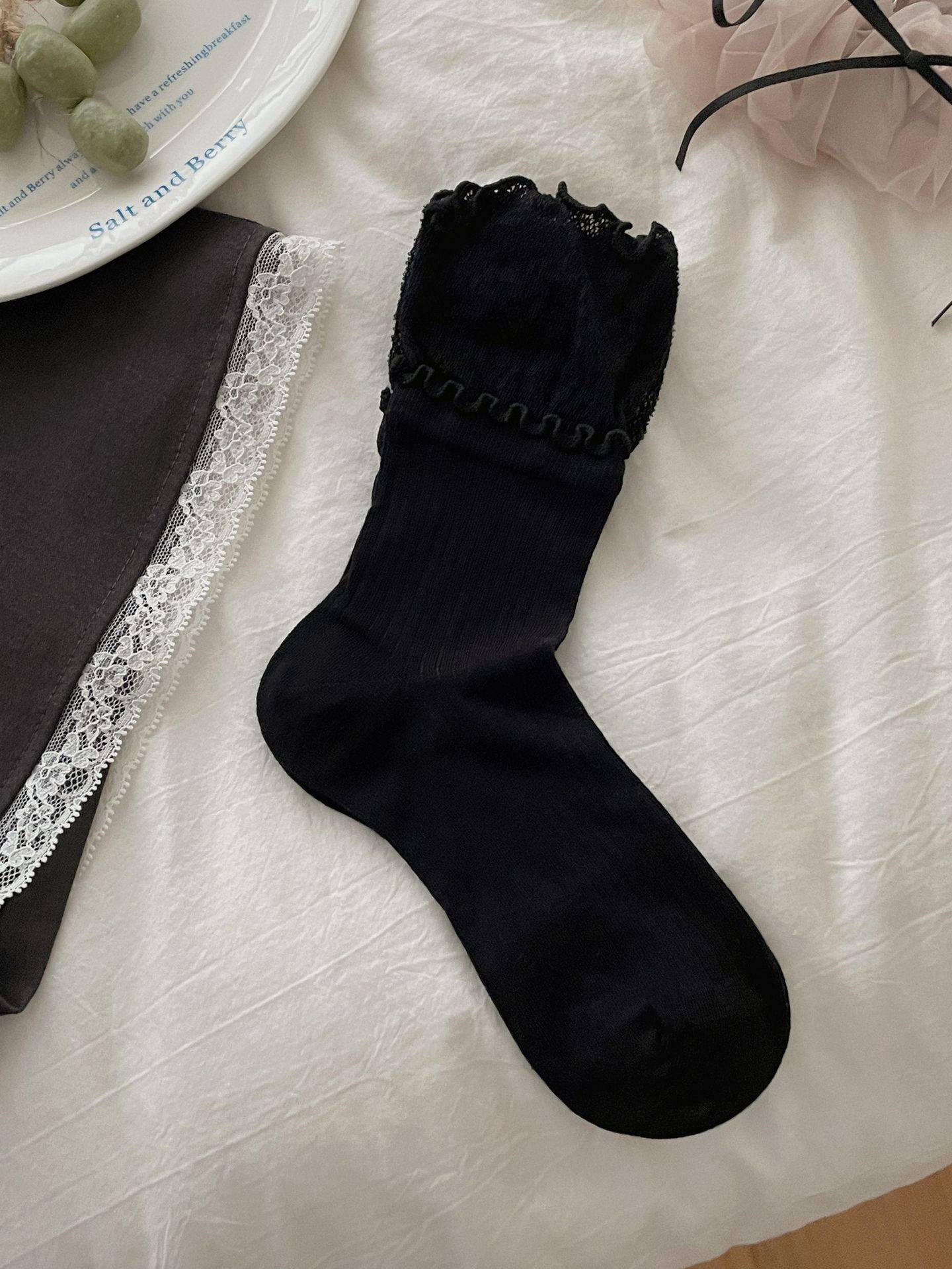 Lace Trim Ballet Style Mid Calf Socks for Women Pure Cotton