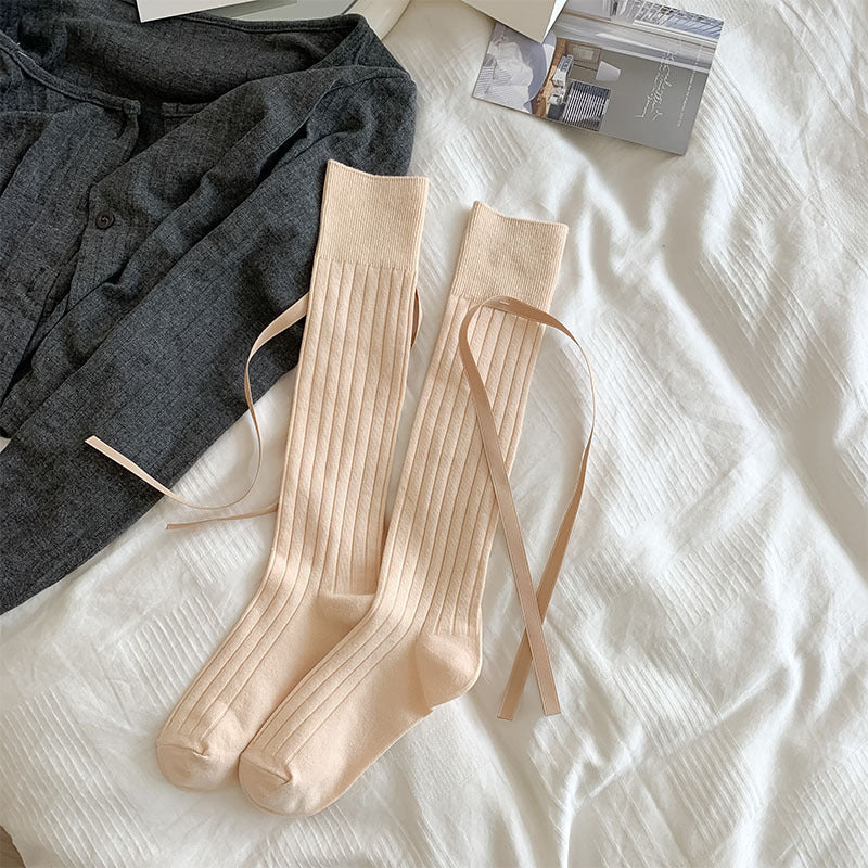 Cute Knee High Socks with Bows - Ribbed Ribbon Tie Calf Socks
