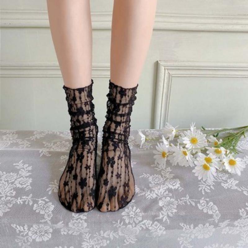 Sheer Lace Mid-Calf Socks Ballet Style Floral Mesh Tulle Socks