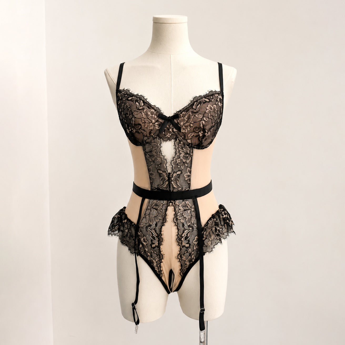 Sexy Lace Cutout Lingerie Bodysuit with Strappy Suspender