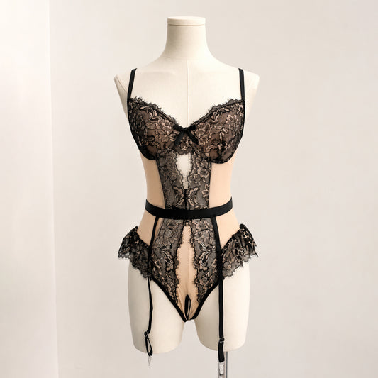 Sexy Lace Cutout Lingerie Bodysuit with Strappy Suspender