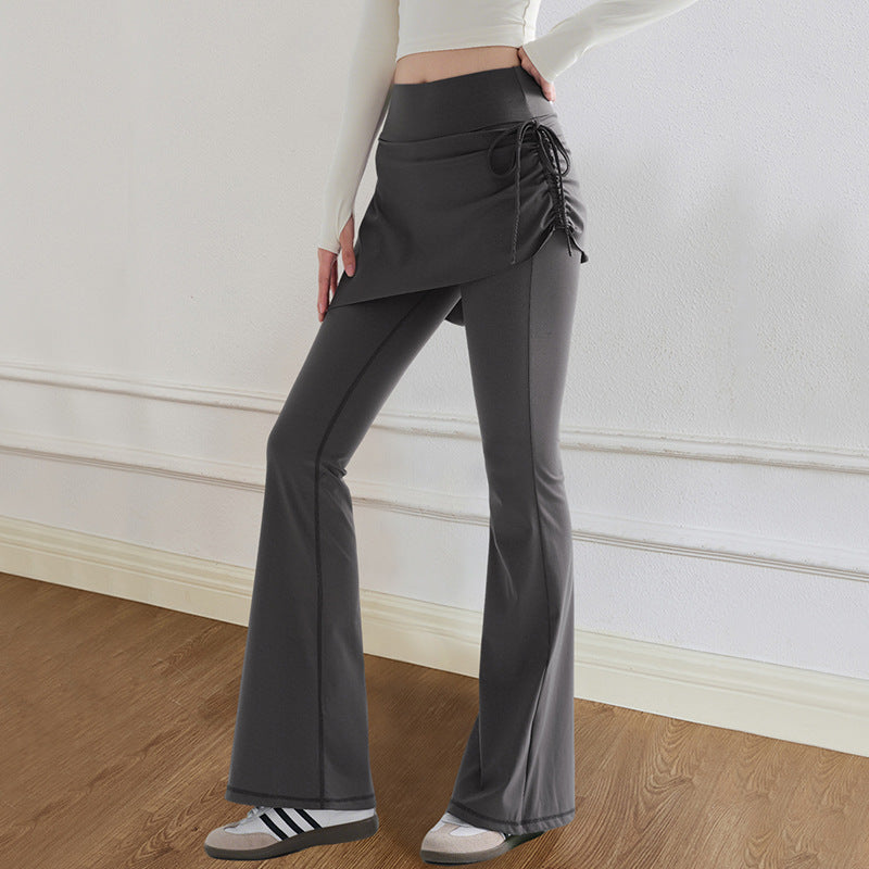 High-Waist Faux Two-Piece Flare Yoga Pants Drawstring Skirt