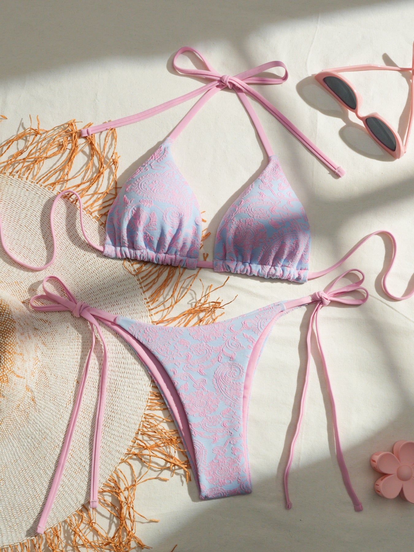 Floral Print Tie Bikini Set - Pastel Patterns & Ruched Tops