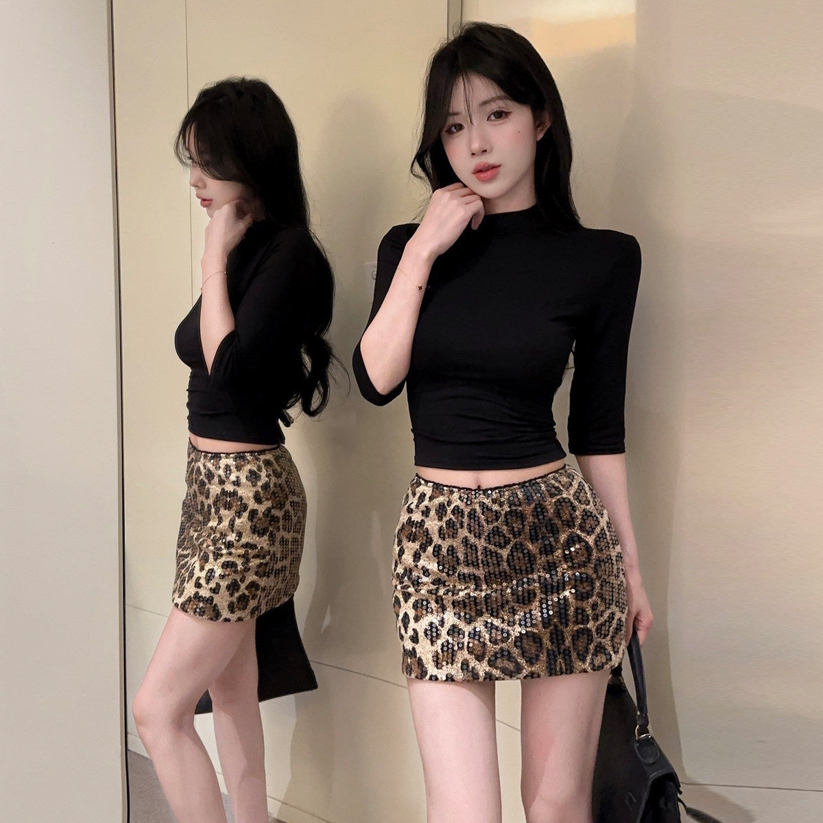 Leopard Print Mini Skirt and Black High-Neck T-Shirt Set