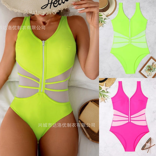 Neon Green & Pink Mesh Zipper One-Piece Swimsuit - Sexy Sporty Cut