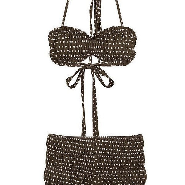 Polka Dot Bikini Set - Ruched Strap Bra & High-Waisted Shorts - Blue & Mocha