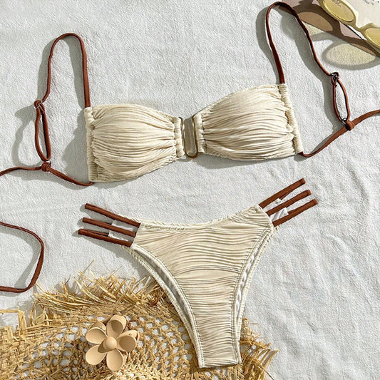 Pleated Bikini Set - Women's Swimsuit with Brown Straps & Gold Clasp