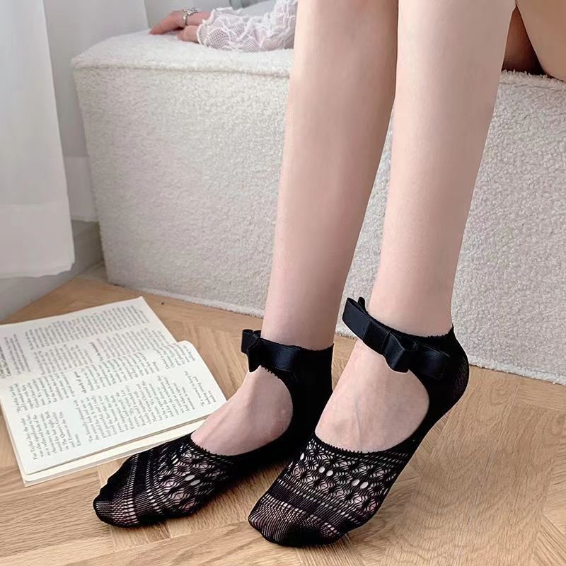 Lace No-Show Socks with Bow Detail - Anti-Slip Summer Boat Socks