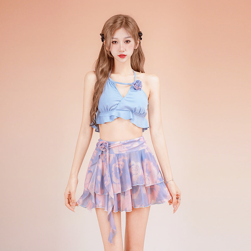Light Blue Crop Bikini Top & Ruffle Mini Skirt Set