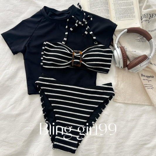Black Striped Bandeau Bikini with Bow Tie