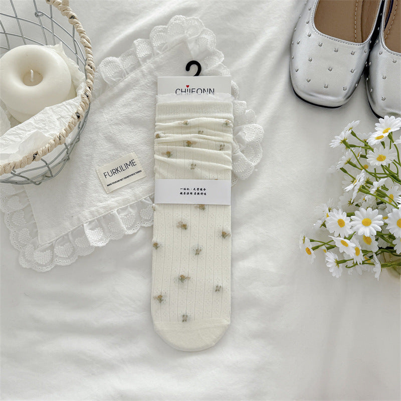 Sheer Floral Lace Trim Mid Calf Socks for Women