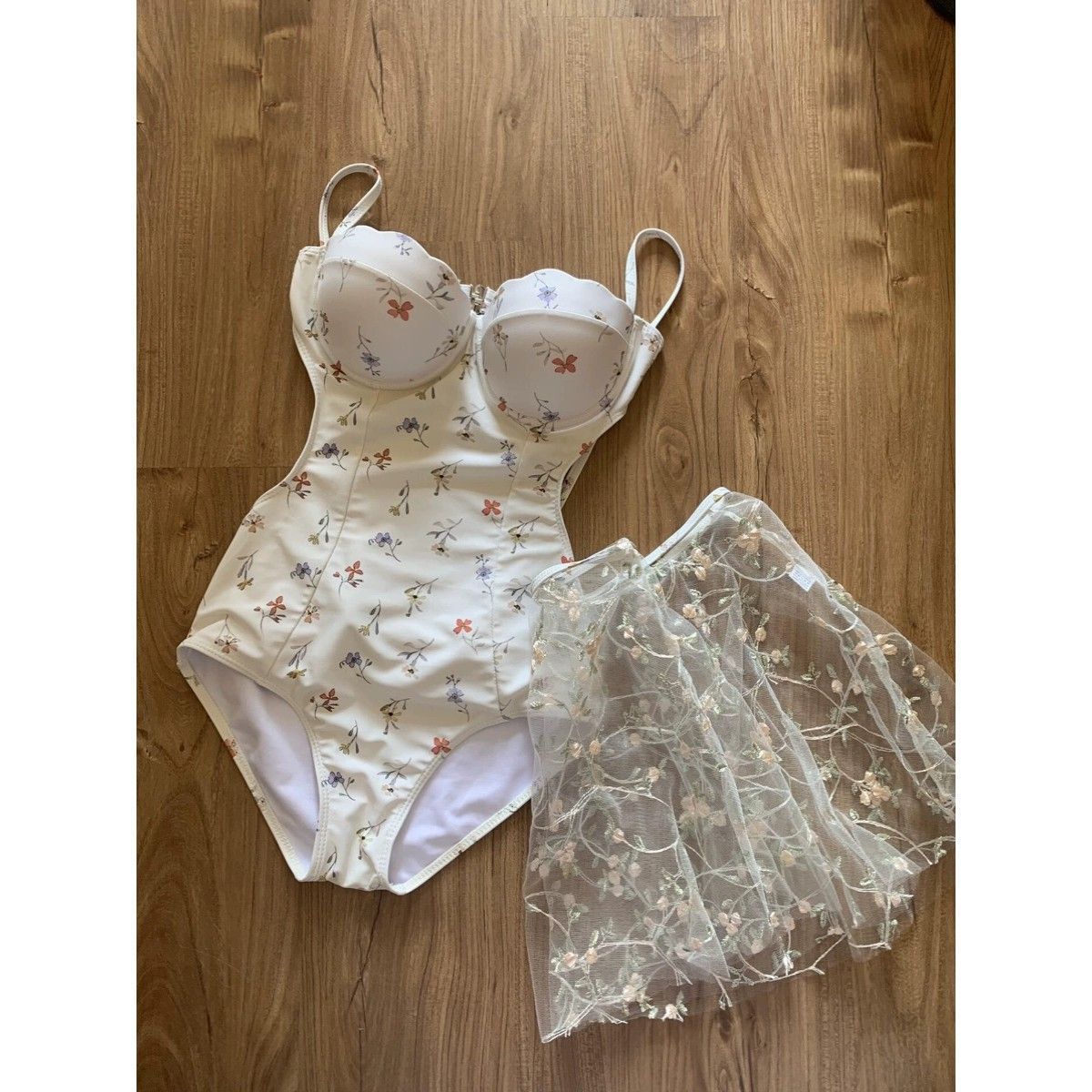 floral print corset swimsuit sheer skirt