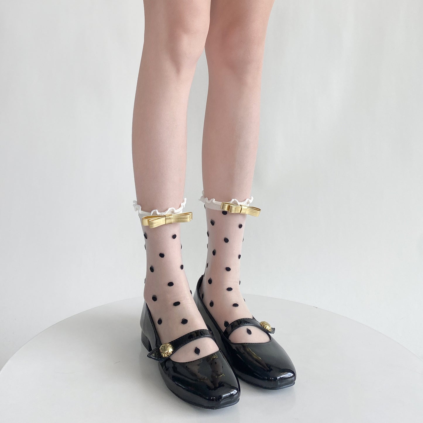 Polka Dot Sheer Socks with Bow Detail - Black & White Cute Ankle Socks