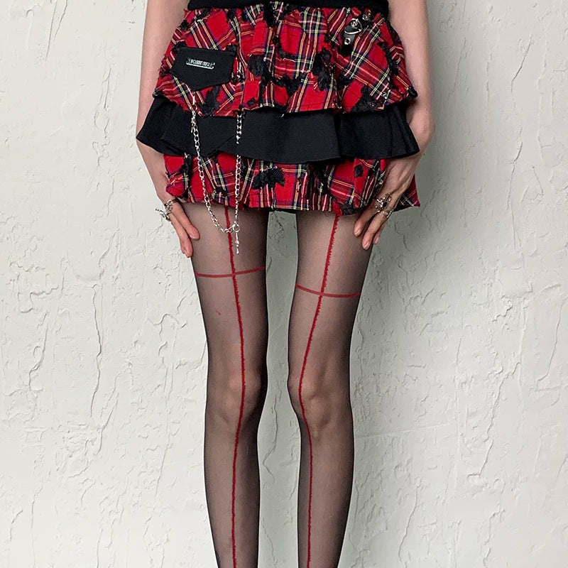 Sheer Black Cross Line Pantyhose with Floral Mesh Accents