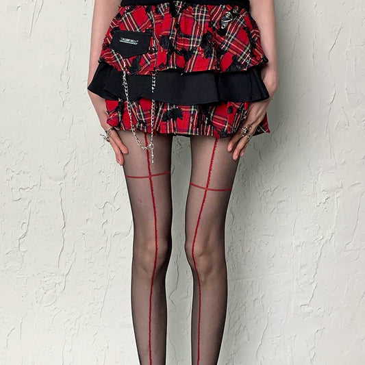 Sheer Black Cross Line Pantyhose with Floral Mesh Accents
