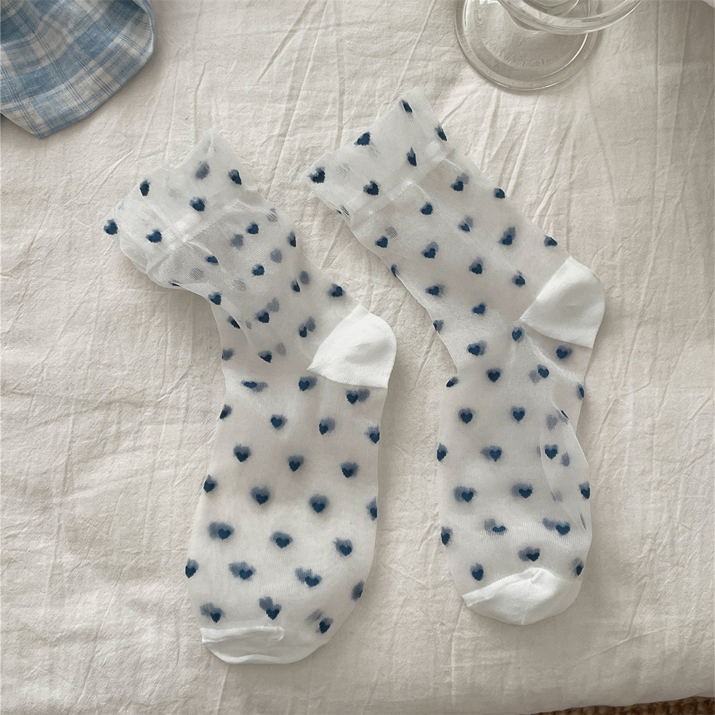 Sheer Heart Pattern Socks for Women - Cute Japanese Style Mid Calf Sheer Socks