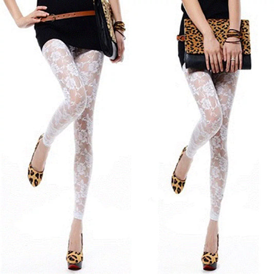 Lace Floral Cropped Leggings for Women - Sheer 9/10 Length Trousers