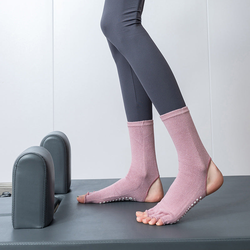 Non-Slip Open Toe Yoga Socks with Heel Cutout, Breathable Cotton Grip Pilates Socks