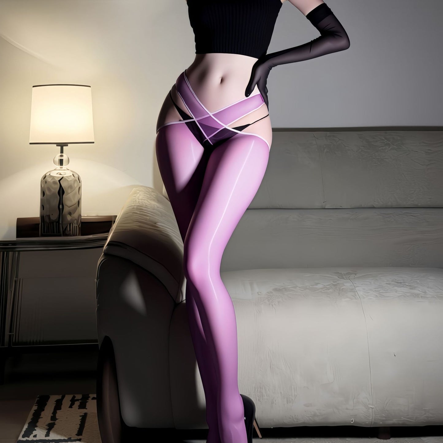 Cross Lace Open Crotch Lingerie Bodystocking Purple