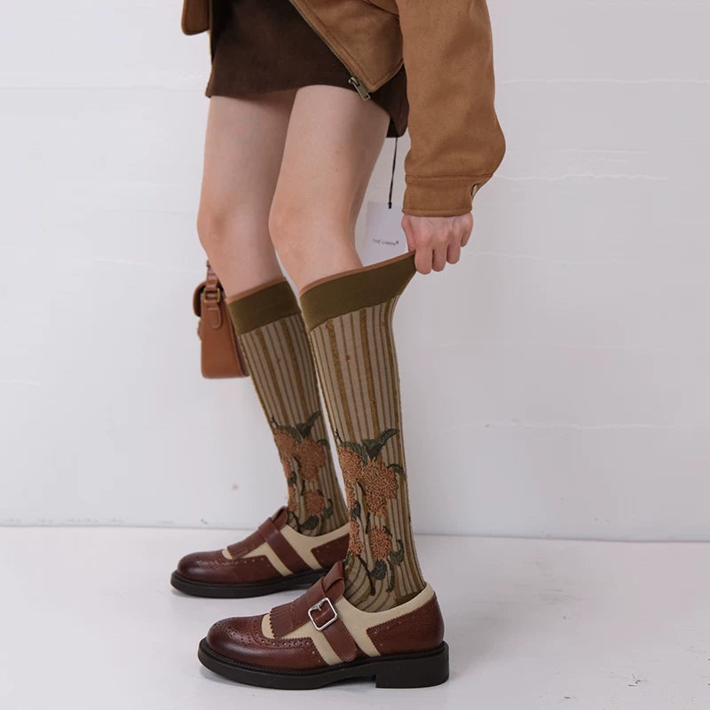 Vintage Green Patterned Knee High Socks Retro Hepburn Style
