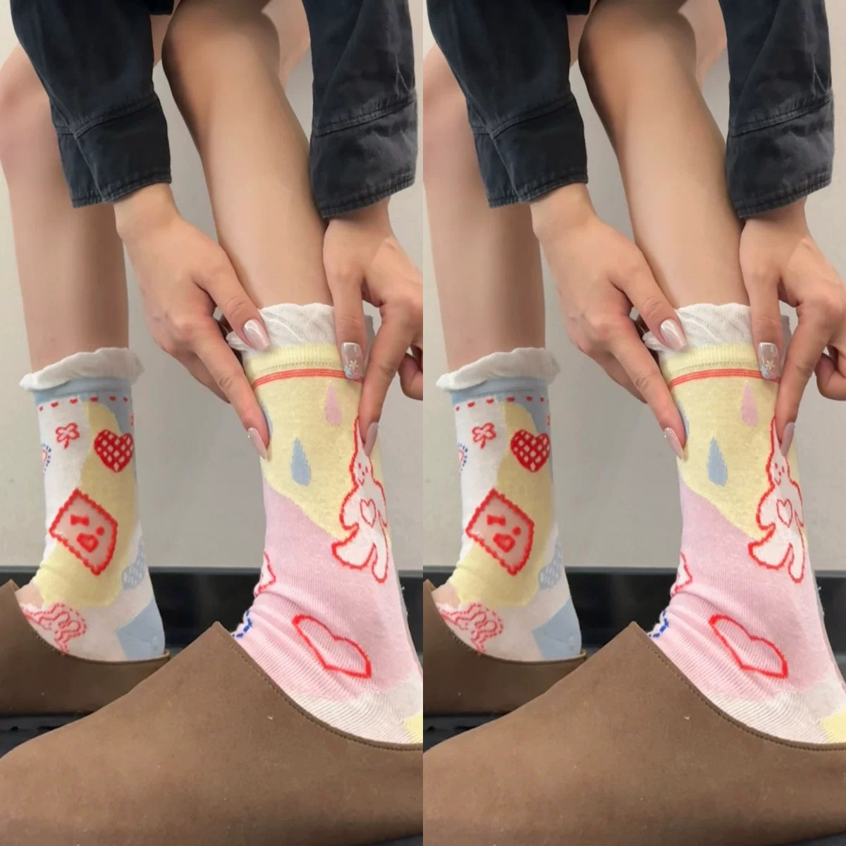 Cute Patterned Crew Socks for Women - Girly Bow Heart Bunny Designs