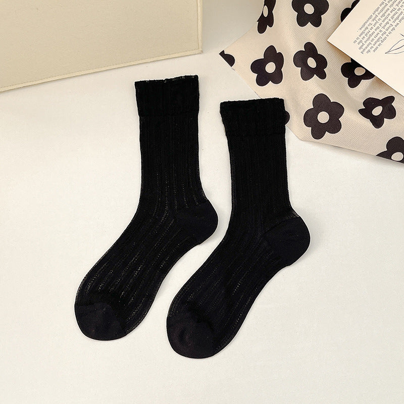 Breathable Mid Calf Sheer Socks for Women - Summer Thin Ribbed Crew Socks
