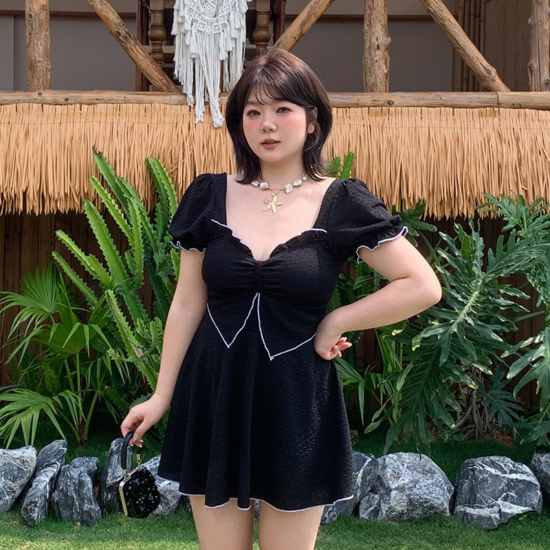 Black Plunge Neck Flounce Trim Skirt Swim Dress