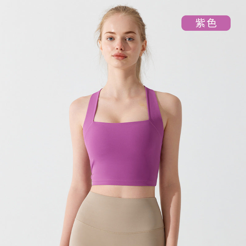 Summer Nude-Feel Antibacterial Crisscross Back Sports Bra Wide Shoulder Strap High Impact Yoga Bra