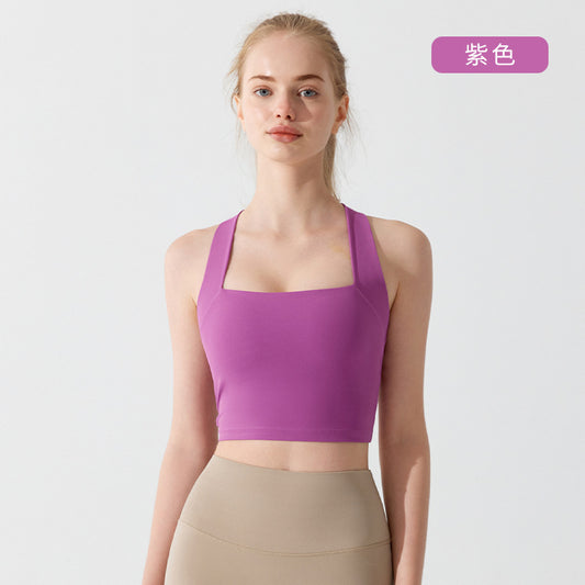 Summer Nude-Feel Antibacterial Crisscross Back Sports Bra Wide Shoulder Strap High Impact Yoga Bra