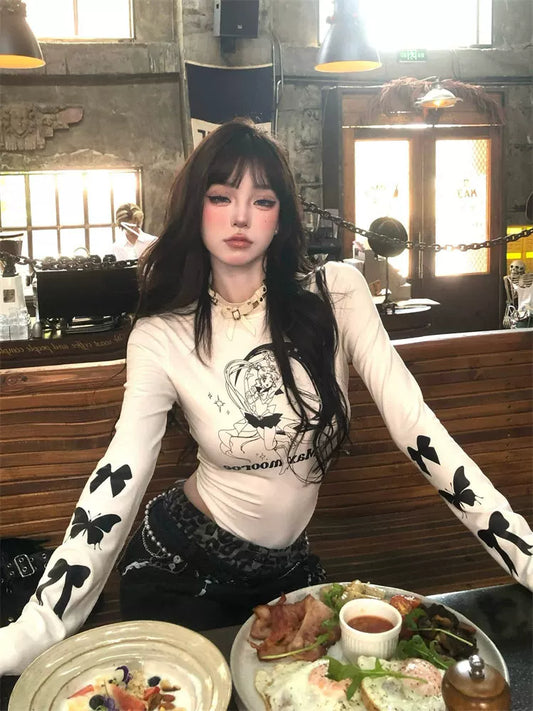 Slim Fit Long Sleeve Bodysuit Top - White Graphic Print