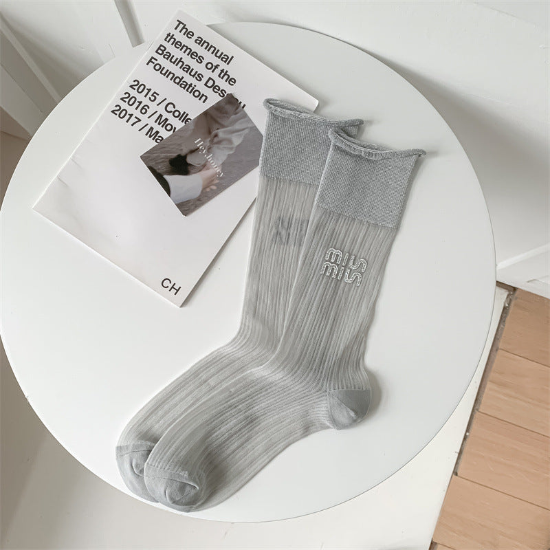 Sheer Shiny Mid Calf Socks Cream Grey Black Summer Thin Glossy