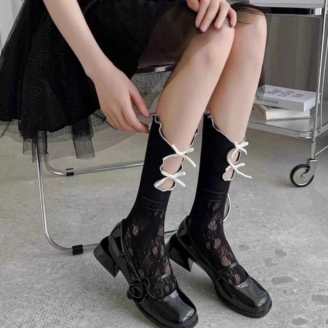 Lace Bow Mid-Calf Socks for Women - Cute Butterfly Frill Knee High Socks