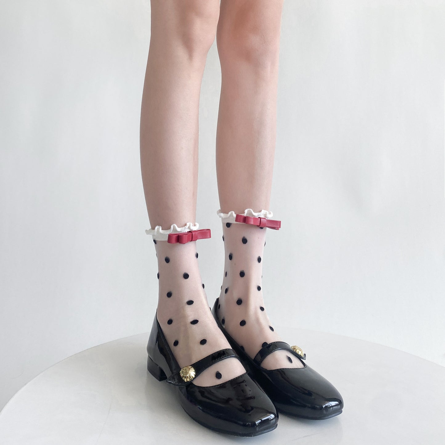 Polka Dot Sheer Socks with Bow Detail - Black & White Cute Ankle Socks