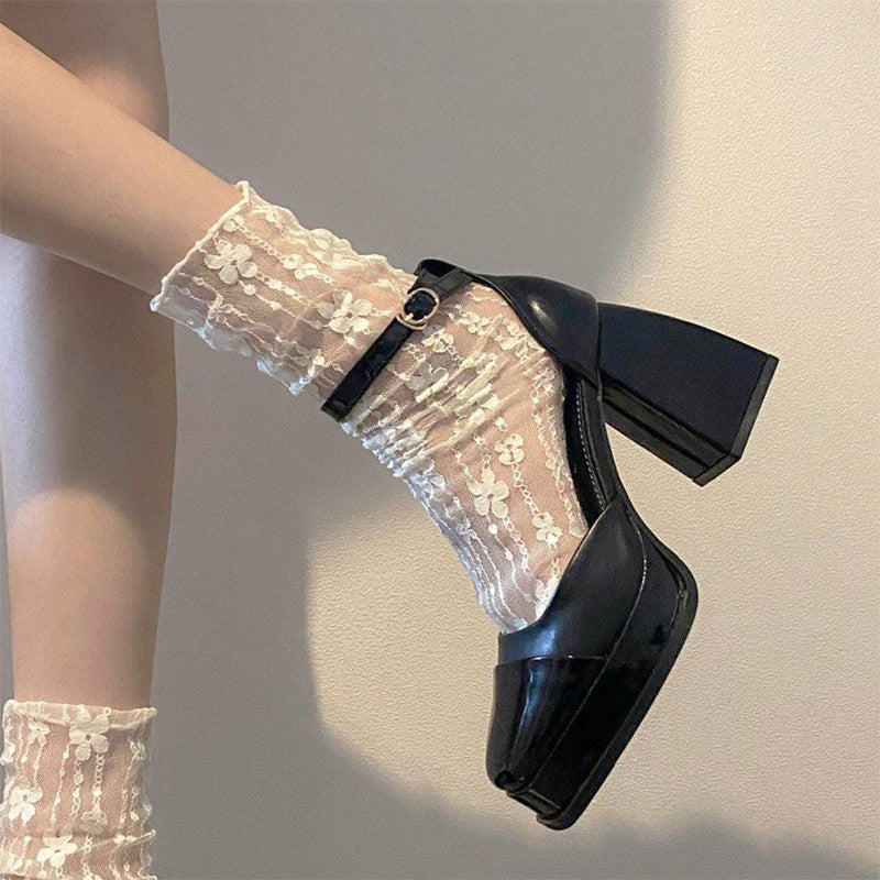 Sheer Lace Mid-Calf Socks Ballet Style Floral Mesh Tulle Socks