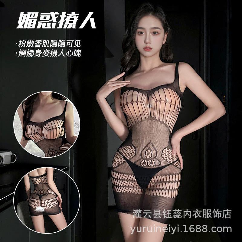 Transparent Black Bodysuit Lingerie with Open Front Stockings