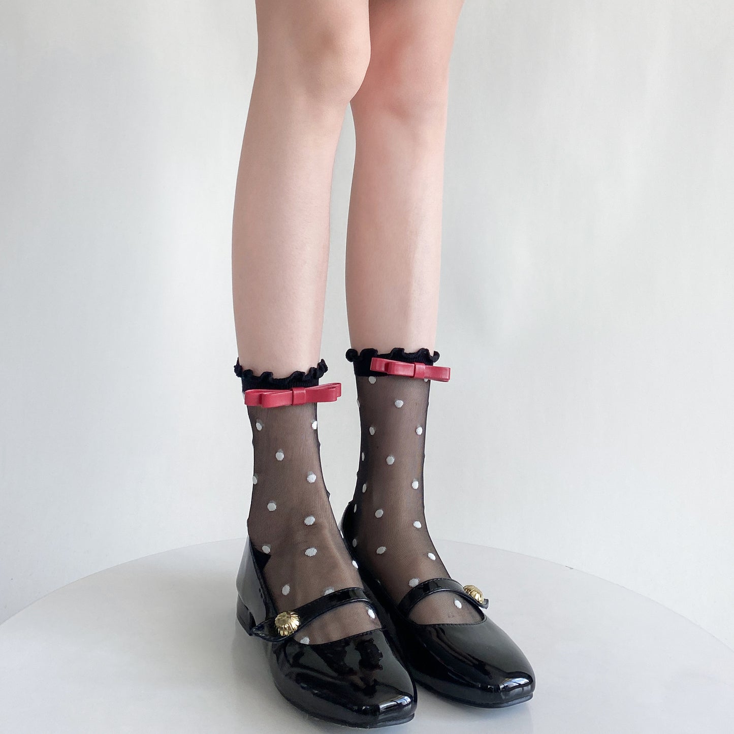 Polka Dot Sheer Socks with Bow Detail - Black & White Cute Ankle Socks